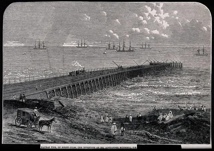 Framed Print : Civil engineering: the pier at Madras, India. Wood engraving, 1863