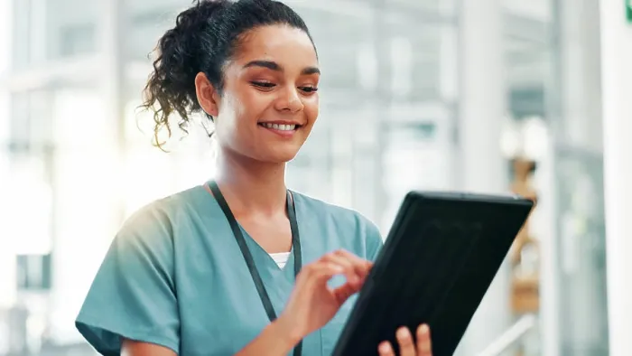 Framed Print : Clinic, woman and nurse with tablet for research