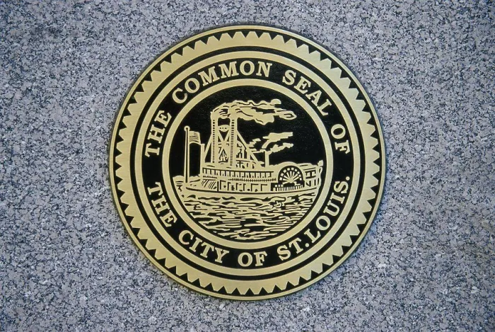 Framed Print : Close-up of the common seal of the city of St. Louis, Missouri, USA