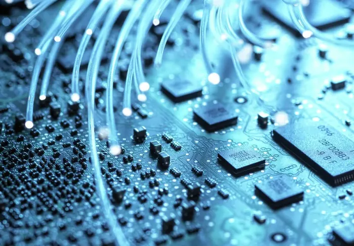 Framed Print : Close-up of fibre optics and computer circuit board