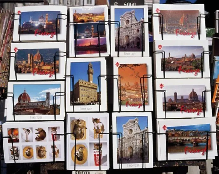 Framed Print : Close-up of a postcard rack, Florence, Italy Framed Print : Close-up of a postcard rack, Florence, Italy