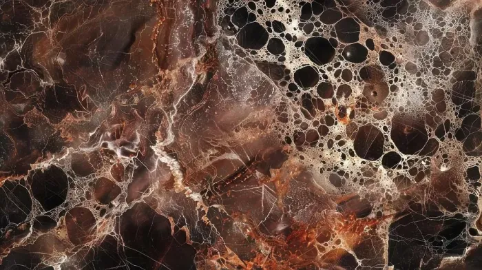 Framed Print : A close-up view of brown marble with white veins and circular patterns