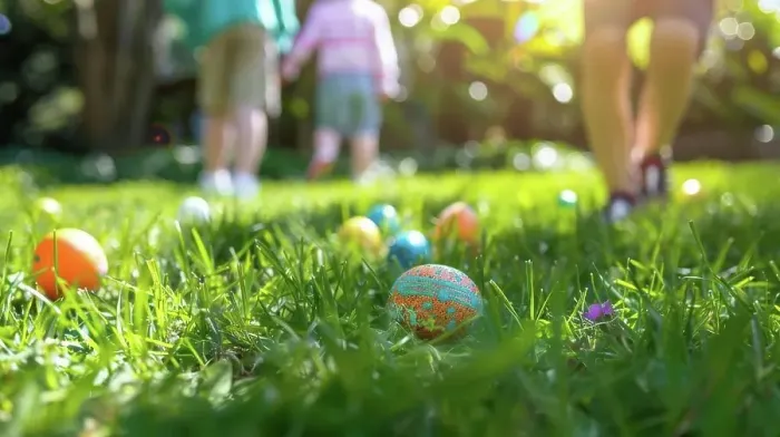 Framed Print : A close-up view of colorful Easter eggs hidden in the grass on a sunny day