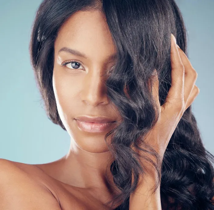 Framed Print : Closeup, curly hair or portrait of woman in studio or salon for keratin growth Framed Print : Closeup, curly hair or portrait of woman in studio or salon for keratin growth