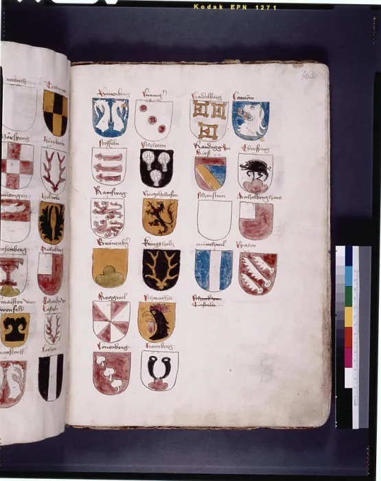Framed Print : Coats of arms, f. 463. 1460. Richental, Ulrich von, ca. 1365-1437. Manuscripts, Illuminations. Spencer Collection