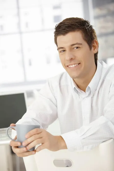 Framed Print : Coffee break in office, smiling businessman Coffee break in office