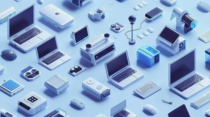 Framed Print : Collection of computers, laptops, and technology equipment in a creative isometric design with white and blue colors Framed Print : Collection of computers, laptops, and technology equipment in a creative isometric design with white and blue colors