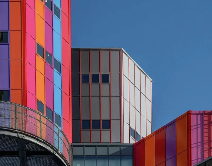 Framed Print : colorful buildings, University of Duisburg Essen, Campus Essen, blue sky Framed Print : colorful buildings, University of Duisburg Essen, Campus Essen, blue sky