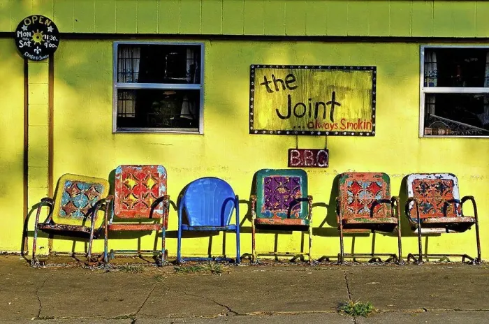 Framed Print : Colorful chairs at a bar-be-que restaurant, The Joint, Bywater, Ninth Ward, New Orleans, Louisiana, USA Framed Print : Colorful chairs at a bar-be-que restaurant, The Joint, Bywater, Ninth Ward, New Orleans, Louisiana, USA