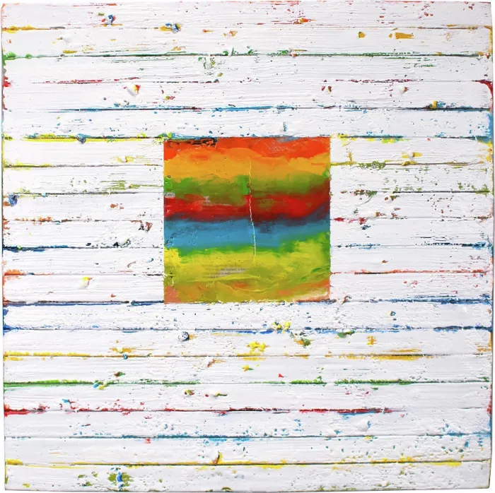 Framed Print : A colorful square emerges from a predominantly white background in the center of the composition Framed Print : A colorful square emerges from a predominantly white background in the center of the composition