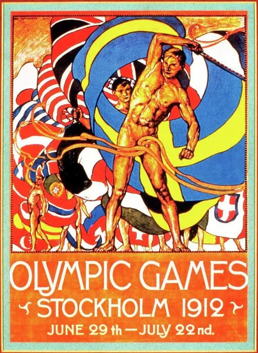 Framed Print : Colour poster advertising the Stockholm Olympic Games. Dated 1912