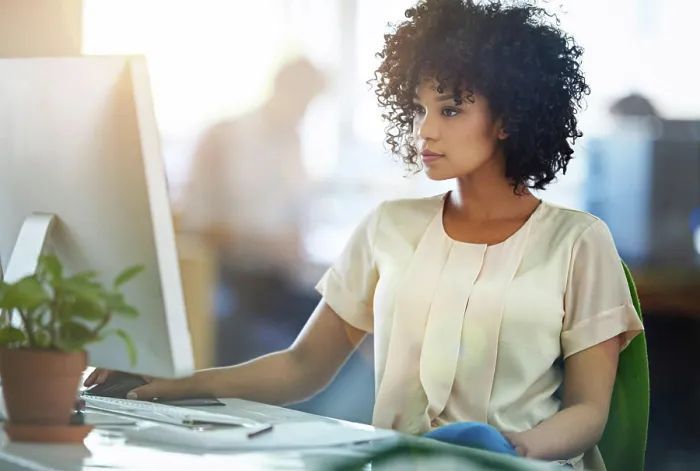 Framed Print : Computer, desk and woman with research in office for online networking