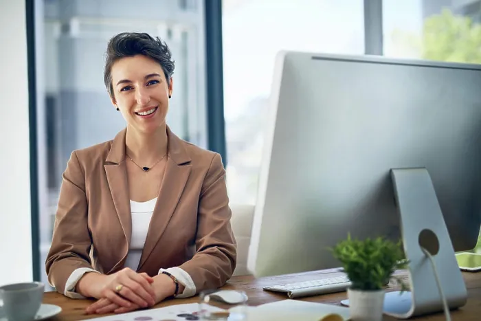 Framed Print : Computer, happy and portrait of woman in office for business research