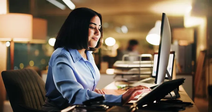Framed Print : Computer, night and tablet with business woman at desk in office for online planning or research Framed Print : Computer, night and tablet with business woman at desk in office for online planning or research