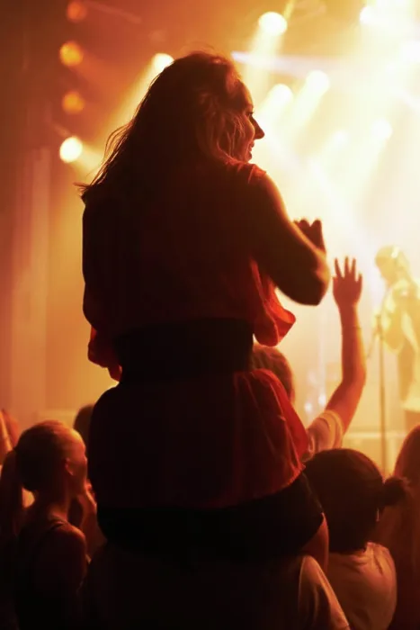 Framed Print : Concert, woman and friends at festival with piggyback for party