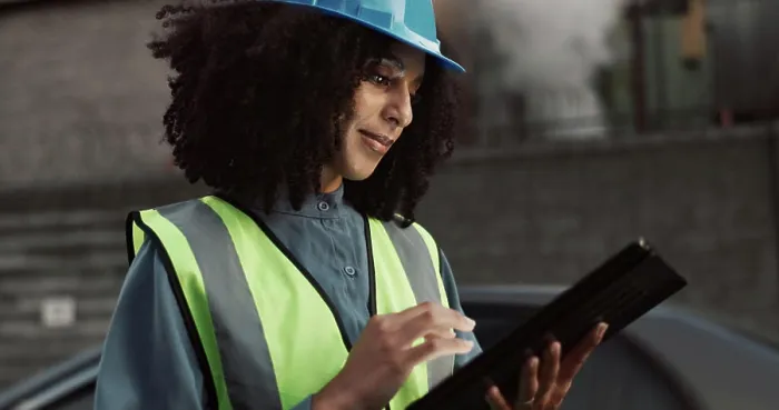 Framed Print : Construction, planning and black woman on tablet in city for inspection Framed Print : Construction, planning and black woman on tablet in city for inspection