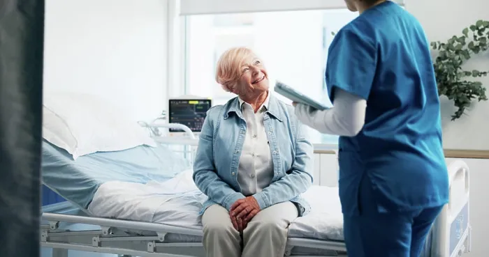 Framed Print : Consultation, hospital and nurse with senior woman for healthcare support Framed Print : Consultation, hospital and nurse with senior woman for healthcare support
