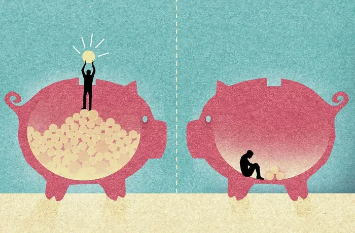 Framed Print : Contrast between wealthy man and poor man inside of piggy banks