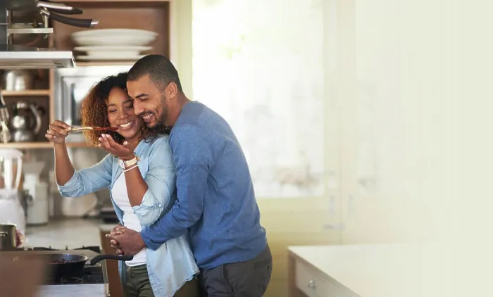 Framed Print : Cooking, black couple and hug in a kitchen with marriage and love at home with mockup Framed Print : Cooking, black couple and hug in a kitchen with marriage and love at home with mockup