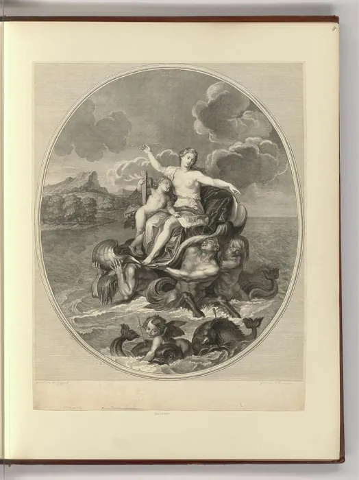 Framed Print : Copper engraving and etching by Charles Simonneau between 1660 and 1728 depicting Venus and Amor on a shell