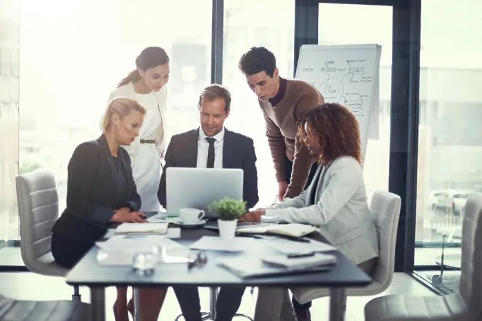 Framed Print : Corporate, man and staff on laptop in meeting of insurance report Framed Print : Corporate, man and staff on laptop in meeting of insurance report