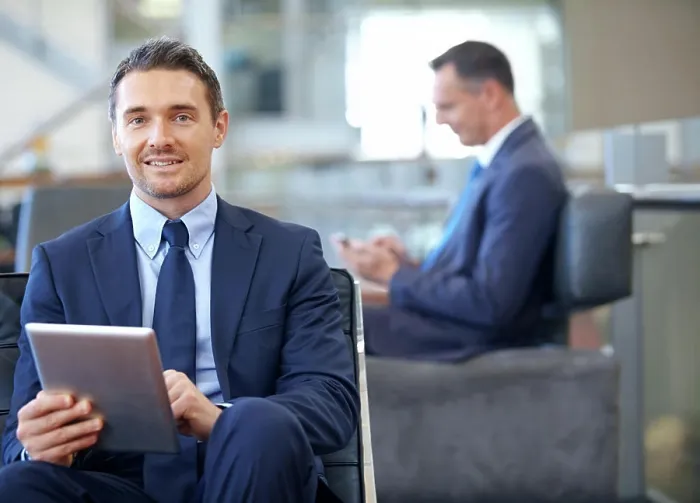 Framed Print : Corporate, portrait or travel businessman with tablet for invest strategy Framed Print : Corporate, portrait or travel businessman with tablet for invest strategy