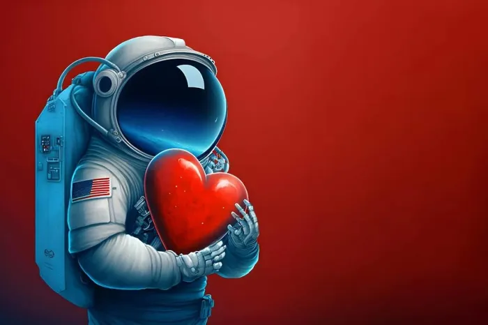 Framed Print : cosmonaut in space suit holding red heart, neural network generated art Framed Print : cosmonaut in space suit holding red heart, neural network generated art