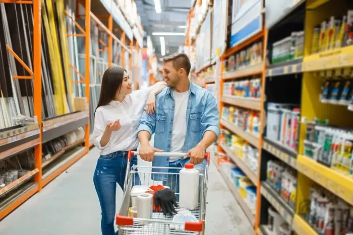 Framed Print : Couple with a cart buying building materials in hardware store. Customers look at the goods in diy shop Framed Print : Couple with a cart buying building materials in hardware store. Customers look at the goods in diy shop
