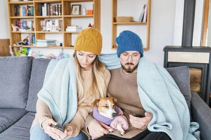 Framed Print : Couple with dog sitting on couch wrapped in blanket looking at smartphone Framed Print : Couple with dog sitting on couch wrapped in blanket looking at smartphone