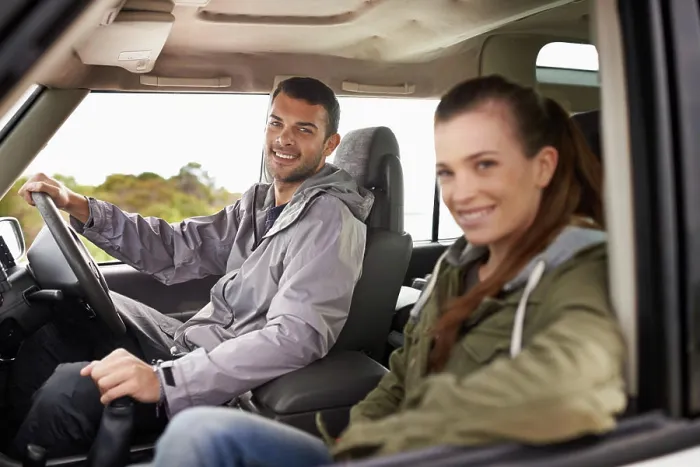 Framed Print : Couple, man and portrait on road trip with travel for adventure Framed Print : Couple, man and portrait on road trip with travel for adventure