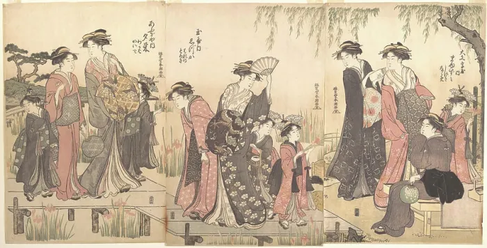 Framed Print : Courtesans in an Iris Garden late 18th century Katsukawa Shunch Japanese This triptych recalls one of the most popular Framed Print : Courtesans in an Iris Garden late 18th century Katsukawa Shunch Japanese This triptych recalls one of the most popular