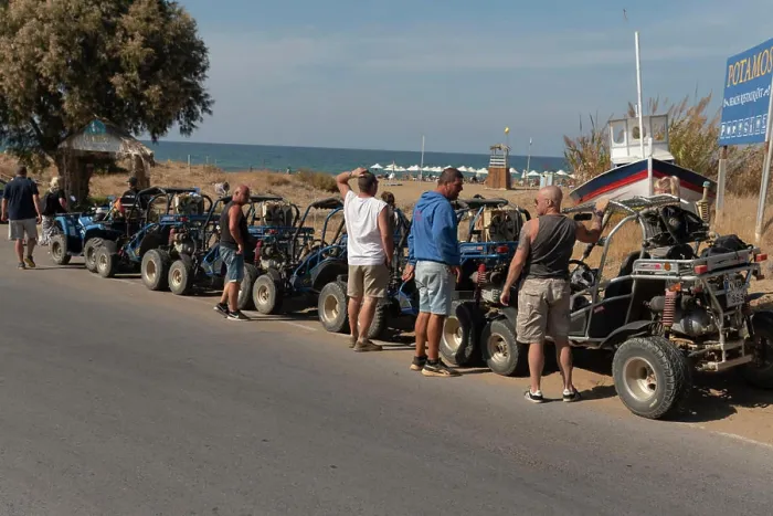 Framed Print : Crete, Greece, Europe. @2022. Twin seat quad bikes and passengers take a break from their safari at Potamos Beach, Malia Framed Print : Crete, Greece, Europe. @2022. Twin seat quad bikes and passengers take a break from their safari at Potamos Beach, Malia