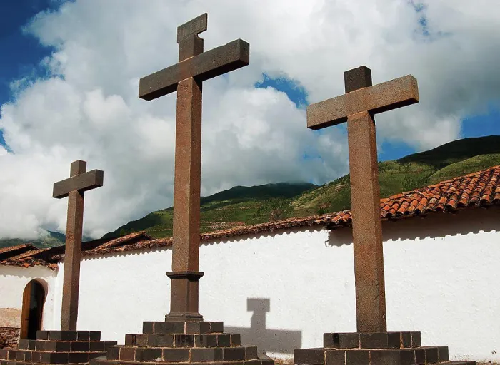 Framed Print : Three crosses outside of an old church, Peru, South America Framed Print : Three crosses outside of an old church, Peru, South America