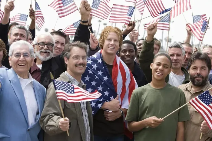 Framed Print : Crowd holding American flags