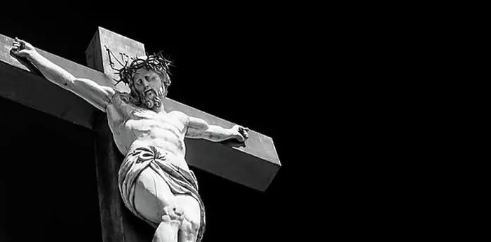 Framed Print : Crucifix made of marble with blue sky in background. France, Provence Region