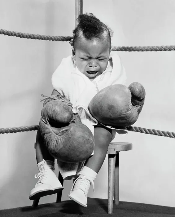 Framed Print : Crying baby dressed like boxer Framed Print : Crying baby dressed like boxer