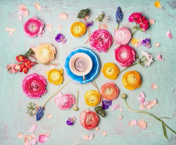 Framed Print : Cup of coffee with colorful flowers on turquoise blue shabby chic background, top view, flat lay Framed Print : Cup of coffee with colorful flowers on turquoise blue shabby chic background, top view, flat lay