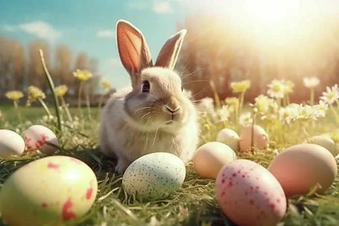 Framed Print : A cute Easter bunny in front of colourful Easter eggs in a green spring meadow under a blue sky, AI generated Framed Print : A cute Easter bunny in front of colourful Easter eggs in a green spring meadow under a blue sky, AI generated