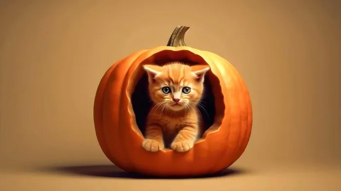 Framed Print : Cute orange kitten sits in orange pumpkin on orange background. Halloween or Thanksgiving theme Framed Print : Cute orange kitten sits in orange pumpkin on orange background. Halloween or Thanksgiving theme