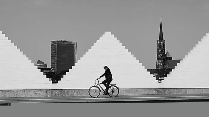 Framed Print : Cyclist in front of white wall, church and high-rise building behind, Hanseatic city, Bremen, Germany, Europe Framed Print : Cyclist in front of white wall, church and high-rise building behind, Hanseatic city, Bremen, Germany, Europe
