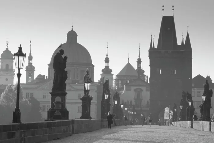Framed Print : Czech Republic, Prague. Dawn view of Charles Bridge, Bridge Tower and old town buildings