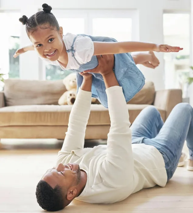 Framed Print : Dad, girl and portrait with airplane game for childhood fun Framed Print : Dad, girl and portrait with airplane game for childhood fun