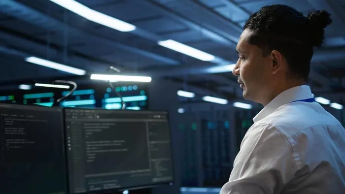 Framed Print : Data center system administrator responsible for installation of networking equipment solving tasks Framed Print : Data center system administrator responsible for installation of networking equipment solving tasks
