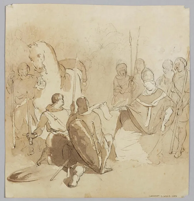 Framed Print : Decor project for a stained glass window: Break signing a document presents soldiers. (Dummy title) Framed Print : Decor project for a stained glass window: Break signing a document presents soldiers. (Dummy title)