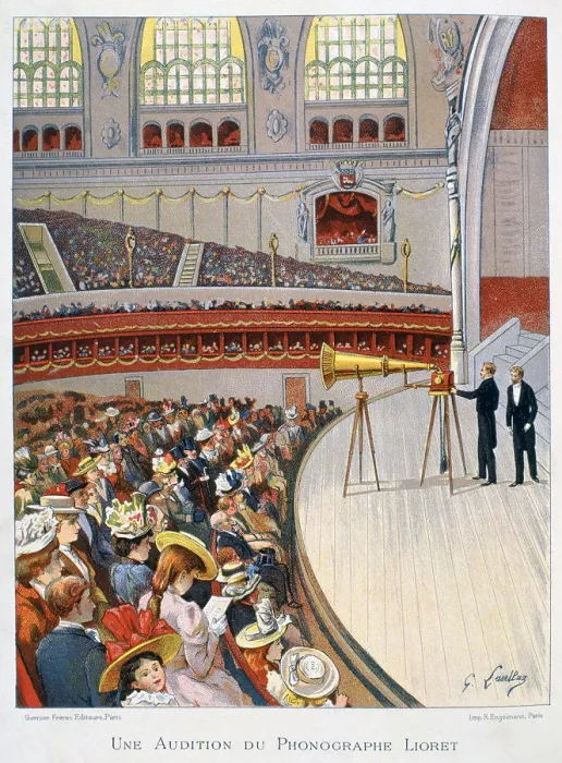 Framed Print : Demonstration on the stage of a crowded auditorium of Henri Liorets weight-driven cylinder phonograph mounted on a