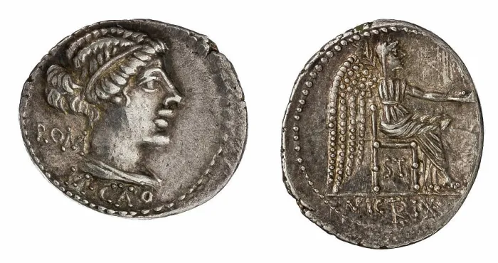 Framed Print : denarius. Porcius Cato, M. (fl. 89 a.C.), monetary officer, Republika Rzymska, issuer Framed Print : denarius. Porcius Cato, M. (fl. 89 a.C.), monetary officer, Republika Rzymska, issuer