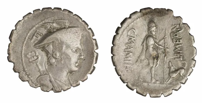 Framed Print : denarius (serratus). Mamilius Limetanus, C. (fl. 82 a.C.), monetary officer, Republika Rzymska, issuer Framed Print : denarius (serratus). Mamilius Limetanus, C. (fl. 82 a.C.), monetary officer, Republika Rzymska, issuer