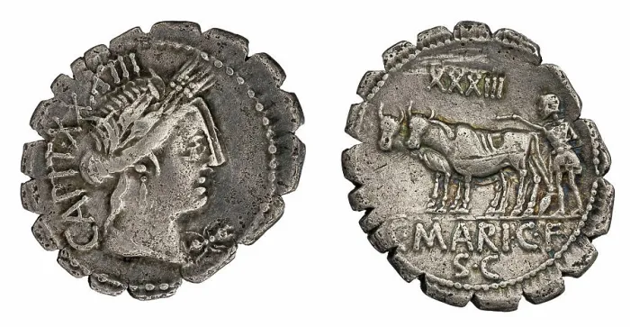 Framed Print : denarius (serratus). Marius Capito, C. (fl. 81 a.C.), monetary officer, Republika Rzymska, issuer Framed Print : denarius (serratus). Marius Capito, C. (fl. 81 a.C.), monetary officer, Republika Rzymska, issuer
