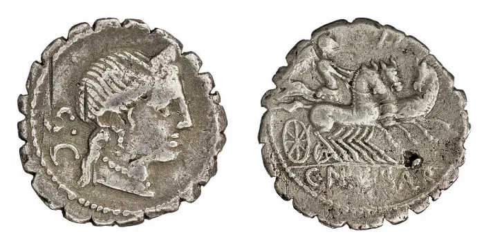Framed Print : denarius (serratus). Naevius Balbus, C. (fl. 79 a.C.), monetary officer, Republika Rzymska, issuer Framed Print : denarius (serratus). Naevius Balbus, C. (fl. 79 a.C.), monetary officer, Republika Rzymska, issuer