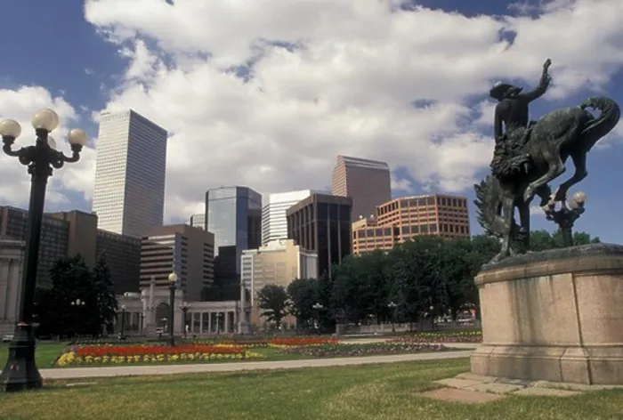 Framed Print : Denver, skyline, CO, Colorado, Broncobuster statue in Civic Center Park and skyline of downtown Denver Framed Print : Denver, skyline, CO, Colorado, Broncobuster statue in Civic Center Park and skyline of downtown Denver